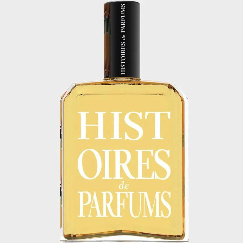 Perfume bottle with 'Histoires de Parfums' text on a light gray background