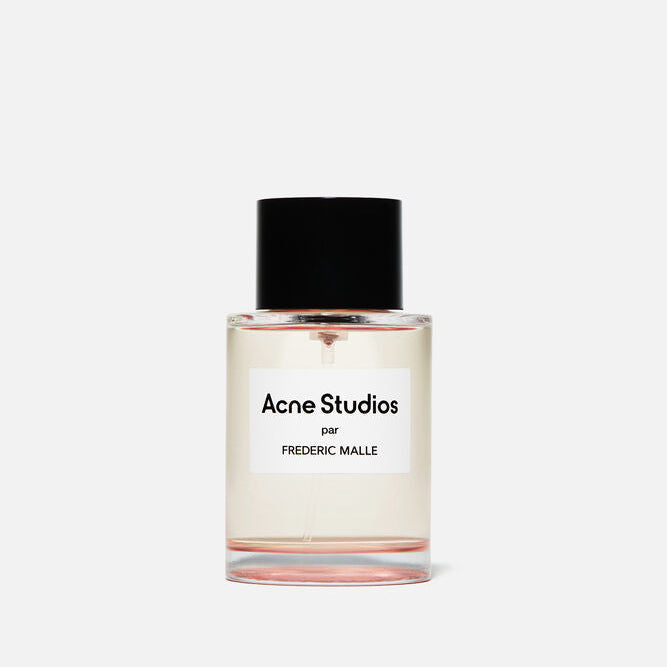 Acne Studios perfume bottle with black cap on a white background