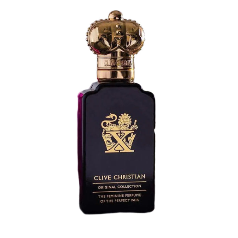 Clive Christian perfume bottle with gold cap on a white background