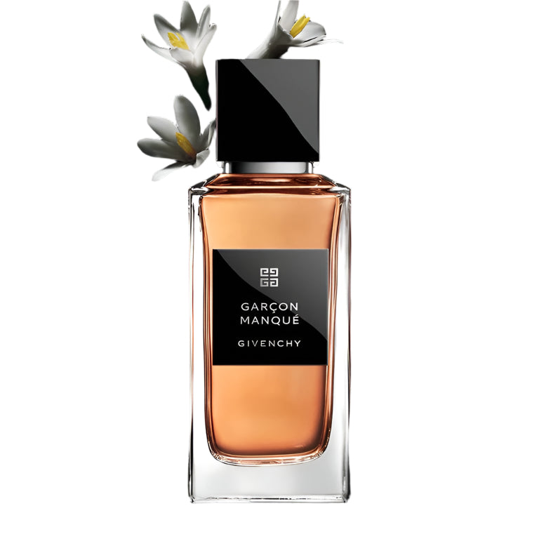 Givenchy Garcon Manque perfume bottle with flowers on a white background