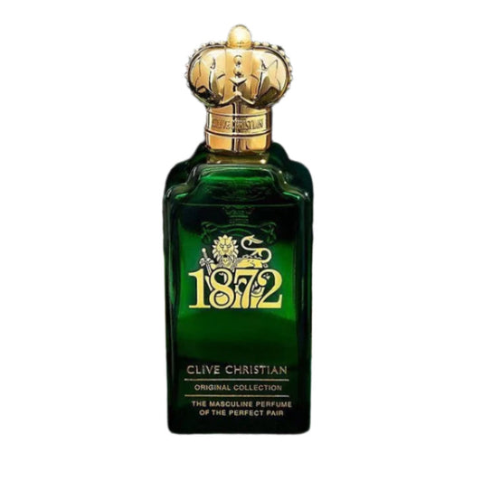 Green Clive Christian perfume bottle with gold cap on a white background