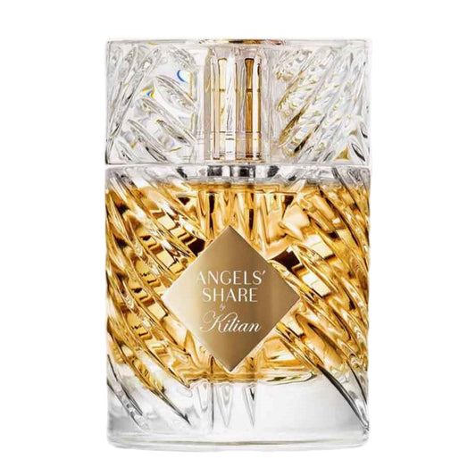 Perfume bottle with gold accents and 'Kilian' branding on a white background
