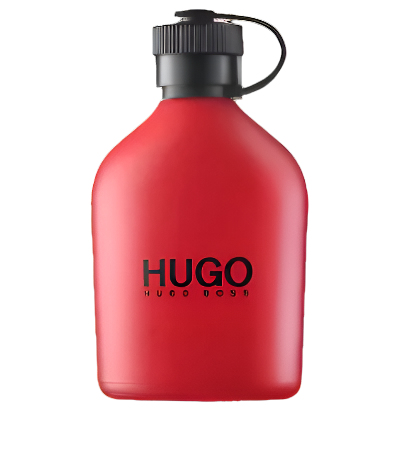 Red Hugo Boss perfume bottle on a white background