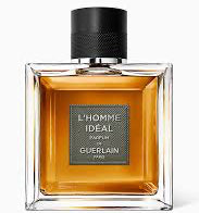 Perfume bottle labeled 'L'Homme Ideale' by Guerlain on a white background