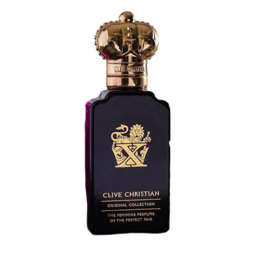 Clive Christian perfume bottle with gold cap on a white background
