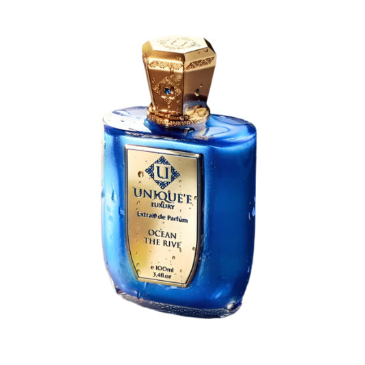 Blue perfume bottle with gold cap on a white background