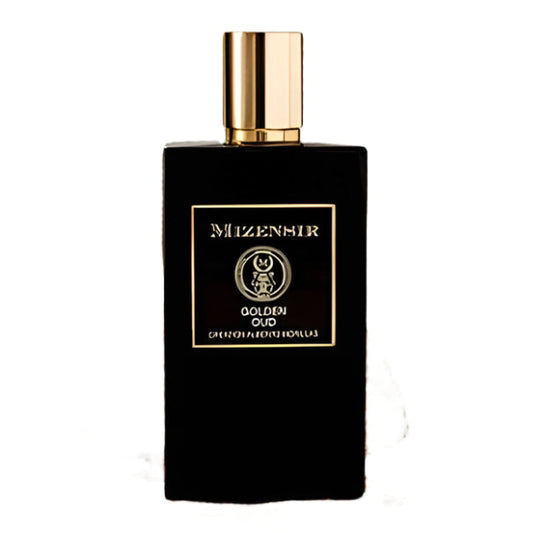 Black perfume bottle with gold cap on a white background