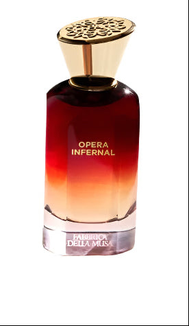 Perfume bottle labeled 'Opera Infernal' by Faberca della Musa on a white background